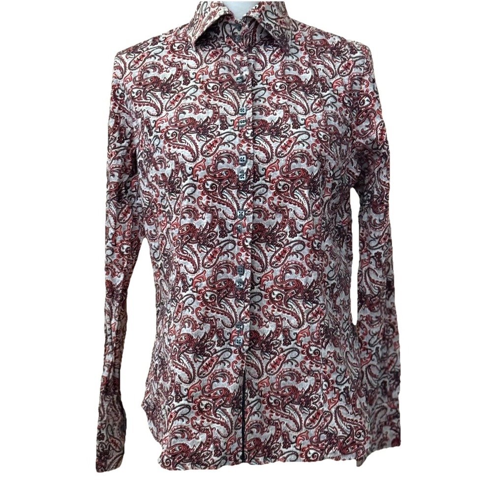 JARED LANG Gray & Orange Geometric Print Fitted Cotton Shirt Preppy Size 5 Women
